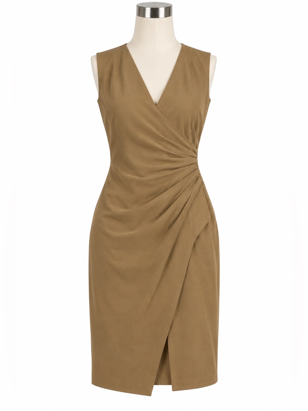 L'AGENCE Dress Womens 8 Camel Tan Sleeveless V-Neck Ruched Wrap Sheath Back Zip